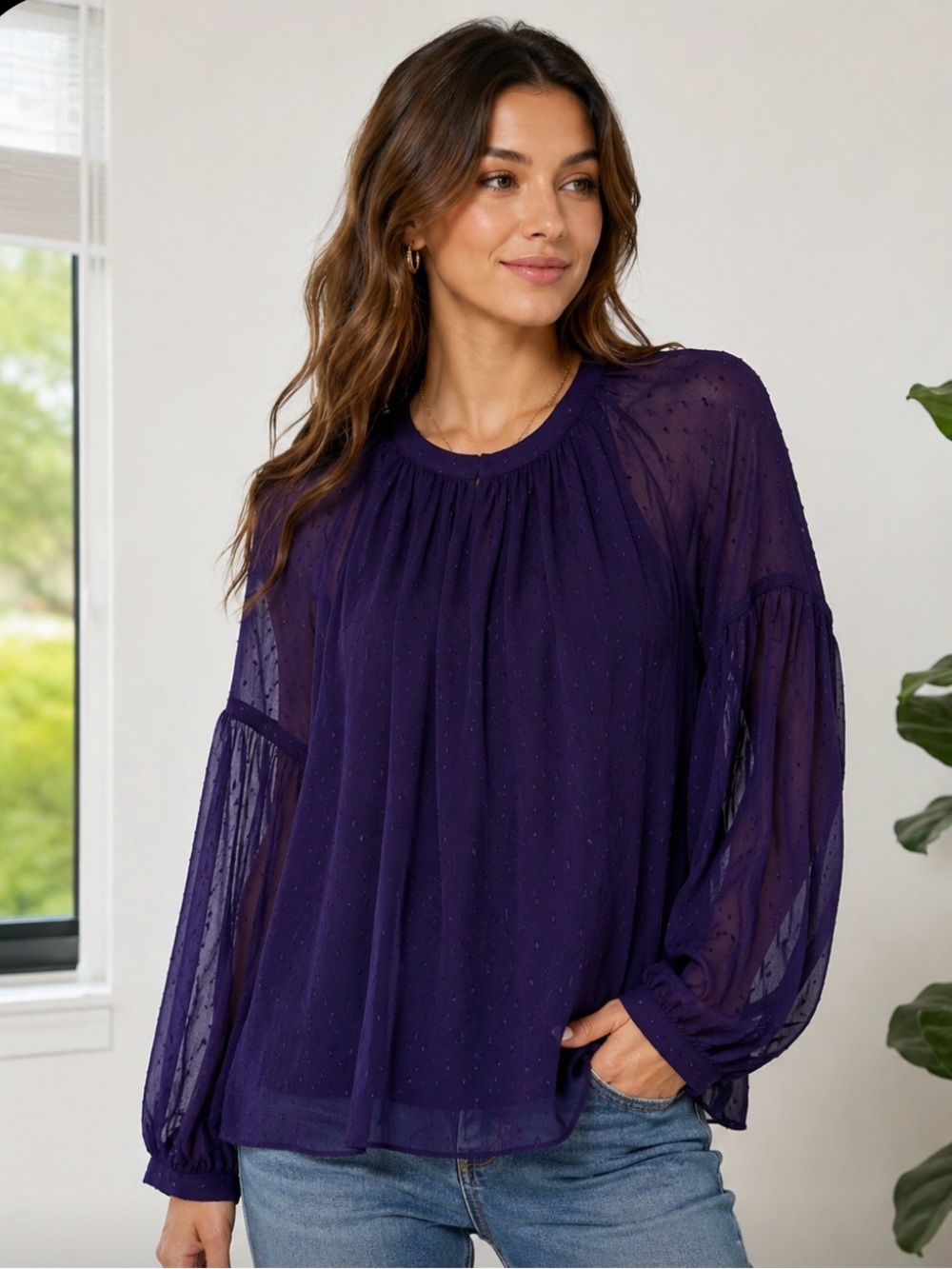 NWT MICHAEL Michael Kors Purple Swiss Dot Sheer Blouse S